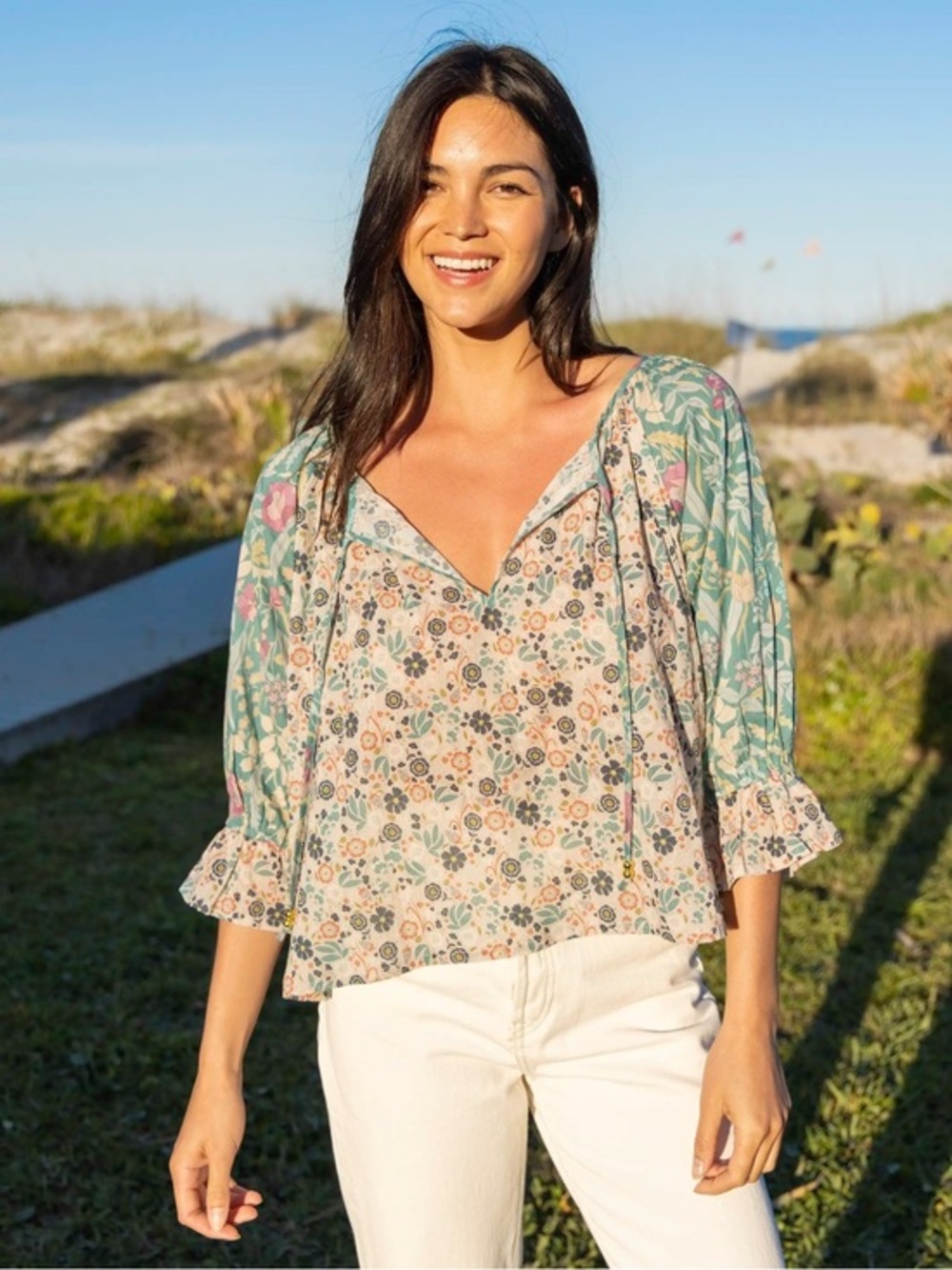 Natural Life Magnolia Cotton Top Size Small in Seafoam Floral 3/4 Sleeve